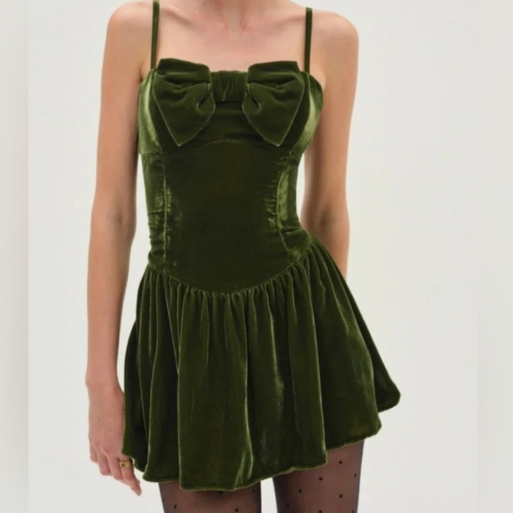 For Love & Lemons Olive Green Velvet Bow Mini Dress